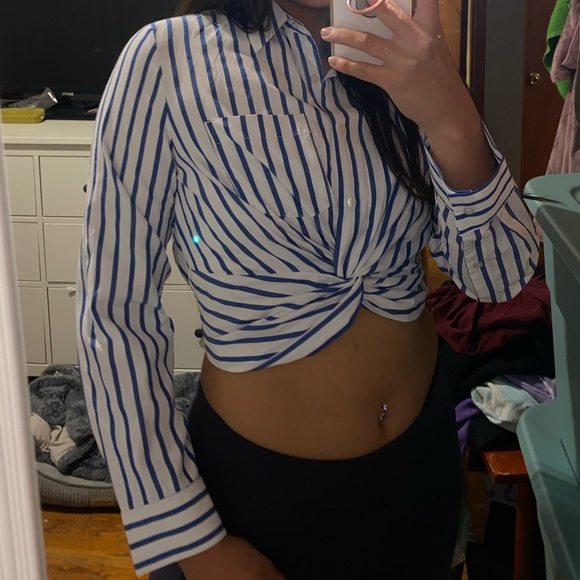 Blue and White Striped Button Up Crop Shirt - Picture 4 of 5